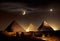 Planets of the solar system over the pyramids of Giza. AI Generated
