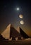 Planets of the solar system over the pyramids of Giza. AI Generated