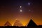 Planets of the solar system over the pyramids of Giza. AI Generated