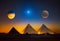 Planets of the solar system over the pyramids of Giza. AI Generated