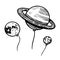 Planets in space for emblem or logo, Astronomy in vintage style. Hand drawn Balloons in retro doodle style.