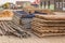 Planks, scaffolding and pallets on the construction site.