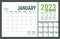 Planner 2023 year. English calendar template. Vector square grid. Office business planning. Creative design. Green color