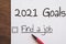 Planner of goals and plans for 2021, a sheet of paper with the inscription find a job from to do list