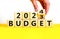 Planning 2024 budget new year symbol. Businessman turns a wooden cube and changes words Budget 2023 to Budget 2024. Beautiful