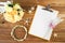 Planning paper with pen, rose headband, tiara, bouquet, starfish