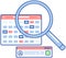 Planning and time management program design. Scheduling app and user profile icons under magnifier