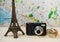 Planning a vacation, trip with map. Camera, clock, Eiffel tower