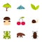 Plant, animal, insect icons set, flat style