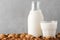 Plant based almond vegan milk in a bottle with a glass of milk and nuts on concrete background. Dairy free milk