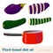 Plant-based diet food and a red pan. Eggplant and zucchini whole and sliced. Vector set.