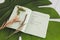 Plant-based diet notebook with food category list on tropical leaf with plants
