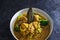 Plant-based food, vegan jackfruit curry with broccoli and onions