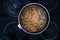 Plant-based food, vegan potato and leek buckwheat with lentils in pot on stove