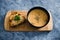 Plant-based food, vegan potato and leek soup with garlic bread