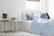 Plant, books and lamp standing on white and gray nightstands in