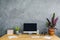 Plant, computer and books on a wooden desk set on a grey wall. P