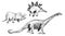 Plant-eating dinosaurs set: Triceratops, Stegosaurus, Diplodocus, hand drawn black and white doodle sketch, ink drawing