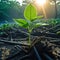 plant emerges from the debris at dawn after Concept of hope