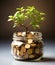 Plant growing Coins in glass jar with investment financial concept and green nature sunlight - AI generated