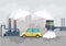 Plant or industrial factory building and car with smoking chimneys, smoke in air, waste pollution