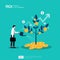 Plant money tree illustration for investment concept. Income rate increase with businessman character and dollar symbol. Business