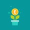 Plant in pot with green leaves and pound sterling coin as a flower. vector icon. Income growth flat icon