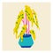 Plant in pot in the style of risograph. Tropical tree icon with leaves. Contrasting three-color