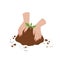 Plant seedling growing. Hands put green shoot into ground isolated vector illustration.