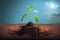 Plant sprout seedling growing out from fertile brown soil on a blue sky horizon landscape environmental