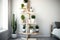 Plant stand 7 ft tall, many wood shelves, in room corner, minimalist creative scandinavian. Generative AI