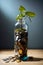 plant on top of bottle filled with coins