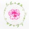 Plant wreath with green Liana and pink flowers on white table background