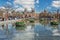 Planters filled with tulips in the pond during the Tulip Festival in Amsterdam