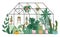 Planting greenhouse. Glass orangery, botanical garden greenhouse, flowers and potted plants home gardening isolated