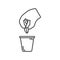 Planting seed plant icon. Simple line drawing of a hand planting a seed from a plant in a flower pot. Isolated vector on