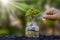 Plants grow from money bottles on the ground and hands that give away coins to plants.