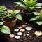 Plants growing in soil with coins and green leaves. Business growth concept.