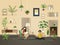 Plants at home indoor. Urban garden with green planting and people in room interior vector illustration.