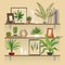 Plants on shelf. Houseplants in pot on shelves. Indoor garden potted planting, home decoration elements vector