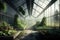 Plants shrubs, greens, herbs in large glass abandoned greenhouse. Generative AI