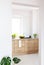 Plants on wooden cabinet in white simple kitchen interior with w