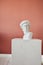 Plaster bust of David with glasses on a white plaster cube.