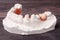 Plaster cast of teeth with removable partial denture on a dark wooden background