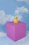 a plaster duck on a pink cube in front of a blue sky with clouds
