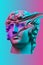 Plaster sculpture of young man face in a pop art style. Statue of Antinous head. Creative concept colorful neon image