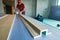 Plasterboard work. worker assembling gypsum drywall construction