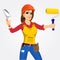 Plasterer woman with trowel and paint roller