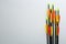 Plastic arrows on light grey background, flat lay with space for text. Archery sports equipment