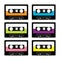 Plastic audio tape cassette. Retro music icon set. Recording element. 80s 90s years. Different colors template. Flat design. White